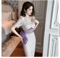 ドレス タイト レース 切替 花柄 白 膝丈 パーティー 結婚式