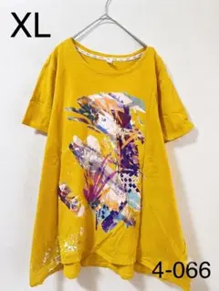 総柄 ペイント風 チュニック Tシャツ 2XL 3XL マスタード 綿100%