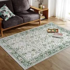 洗えるラグ 140x200cm ペルシャ風 滑り止め 抗菌 花柄グリーン