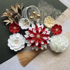 つまみ細工　髪飾り　#161　赤　ゴールド　入学式　卒業式　成人式　前撮り