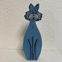 青い木製猫の置物 トールペイント