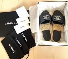 CHANEL エスパドリーユ　フラットサンダル　ブラックレザーのサムネイル