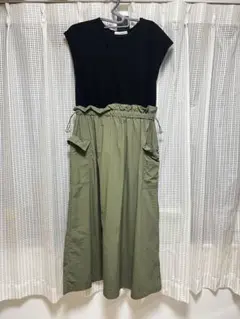 黒/カーキ カットソーロングワンピース