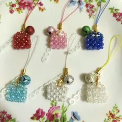 ハンドメイド　バック　モチーフ　ビーズ　ストラップ　６個セット　ギフト