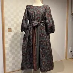 着物リメイクパフスリーブ7分袖ギャザーワンピース　フリーサイズ
