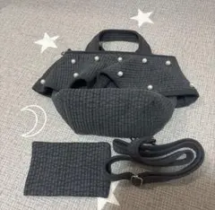 フリル キルティング トートバッグ グレー パール リボンチャーム付き