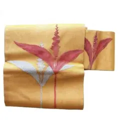 夏帯　絽　状態考慮　名古屋帯 マスタード ボタニカル 抽象花 リメイク向け