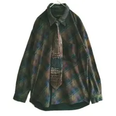 ネクタイシャツ　ネクタイシルク100％　ダーク系　長袖　古着　ゆったり　Lサイズ