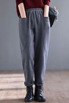 XL極暖裏起毛★ゆったり総ゴムポケット付デザインパンツ♪ダークグレーXL