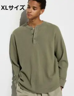 UNIQLO／ユニクロ ワッフルヘンリーネックTシャツ ダークグリーン XL