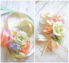 リストレット・ブートニアセット（サーモンピンク×パステルカラー）