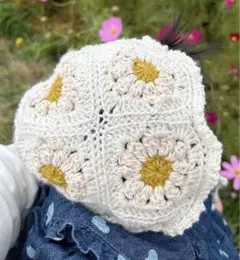 ベビーボンネット デイジーかぎ針編み かぎ編み ハンドメイドベビー帽子 モチーフ