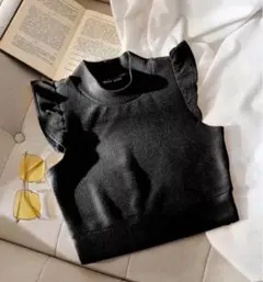 フリル袖 ブラック ニット トップス SHEIN 半袖 ノースリーブ