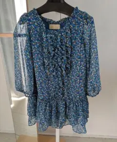 Ray BEAMS シアー素材　花柄 フリル ブラウス ブルー　七分袖のサムネイル