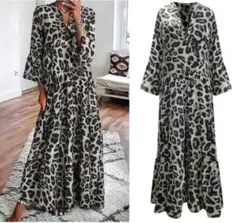 ラスト1点～！！✨ＸＬ✨レオパ柄✨Ｖネック✨ふんわり2段フレア✨マキシ丈ワンピ