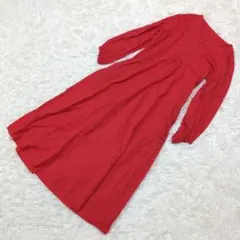 美品【イネド】INED 朱色 Vネック 長袖 ワンピース 7(S) 綿100%