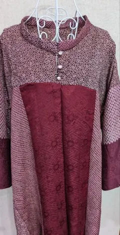 バーガンディ 花柄 長袖シャツチュニック