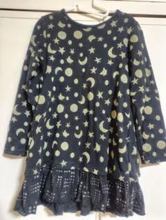 130 星と月とネコのプリント 七分袖チュニックワンピース