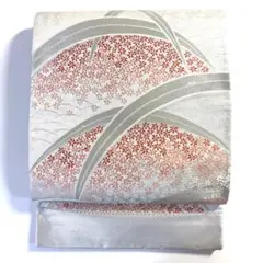 5k2496 袋帯　絹　唐織　銀色　赤　ピンク　白　花柄　和装　着物