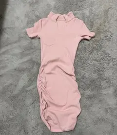 ピンク リブ編み ミニワンピース 半袖