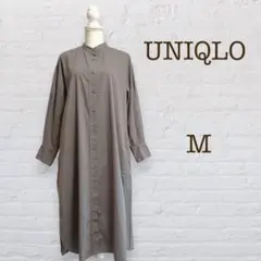 ユニクロ/コットンギャザーロングシャツワンピース/バンドーカラーシャツワンピース