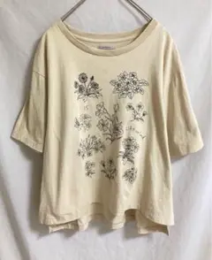 アートワークブルー　半袖　tシャツ　ベージュ　植物　花　プリント　コットン