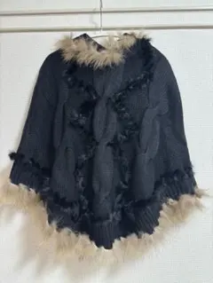 美品 ポンチョ ファー ラビット フリーサイズ 黒 毛皮 フード付き 黒