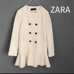 ZARA ノーカラーコート　スプリングコート　ベージュ ダブルボタン