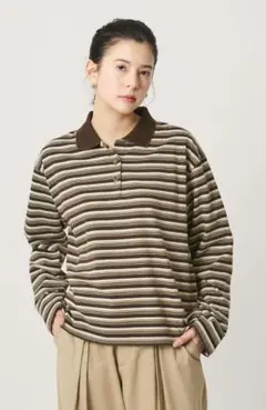 BEAUTY&YOUTH コットンボーダー ポロカラー プルオーバー