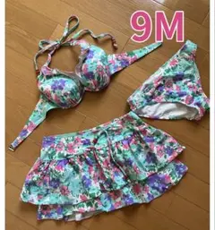 花柄　水色　フラワープリント セパレート水着 9M 3点セット