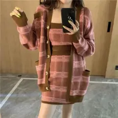 決算セール◆チェック柄セットアップニット　セーター　ワンピース　ひざ丈　韓国　9