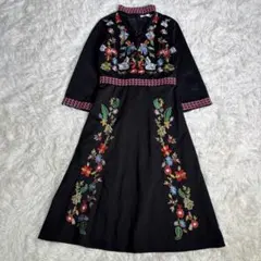 豪華刺繍 花柄 ワンピース 長袖 ロング フレア Aライン 黒