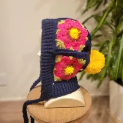 モチーフ編みのバラクラバ | ボンネット ニット帽 かぎ針編み 帽子