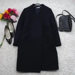 H76*PLSTプラステ☆Aライン☆ウール☆ノーカラー☆コート☆紺ネイビー☆S.