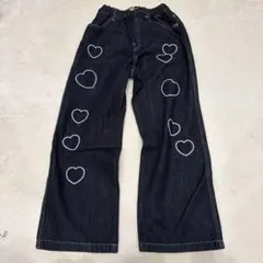 ハート刺繍 ダークデニム ワイドパンツ 130cm