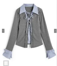 ストライプ柄シャツレイヤード風フリルトップス[ks222]