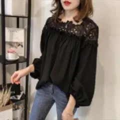春物　ガーリー&オルチャン　花柄刺繍　レース　長袖　カットソー