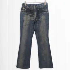 2863【カシェット】転写プリントストレッチパンツ デニム風 ブルー 2 色落ち