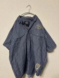 HARLEY DAVIDSON ストライプ半袖シャツ 水色 アメカジ 古着