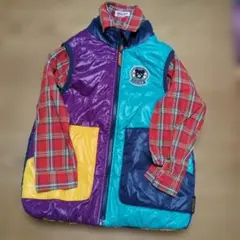 【ミキハウス】中綿ベスト＆長袖シャツ　赤チェック　ダブルB　くま リバーシブル