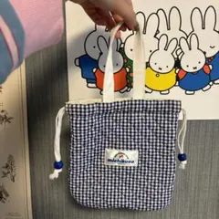 青ギンガムチェック　巾着