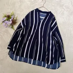 美品 ロペピクニック ストライプブラウス 38 M 紺 スキッパーシャツ とろみ