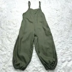 【麻100%】ニコアンド リネン ワイド サロペット オーバーオール カーキ