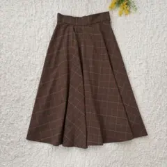 日本製✨ポートクロス　チェック柄フレアロングスカート　S ブラウン　総柄　裏地付のサムネイル