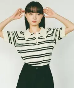 ストライプポロカラー半袖ニット