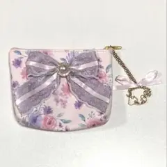 リボンポーチ チャーム付き ピンク×紫 花柄