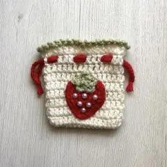 ハンドメイド 編み物 いちご ポーチ 巾着 ビーズ 赤 ベージュ ④