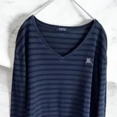 バーバリーブラックレーベル　Vネック　長袖カットソー　ボーダー　ブラック　L