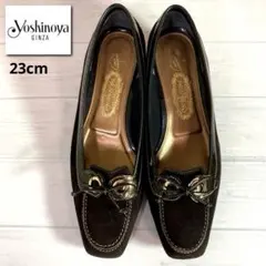 極美品■銀座ヨシノヤ■パンプス✨スクエアトゥ 晴雨兼用 リボン チャンキーヒール