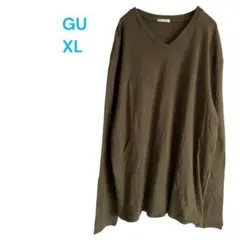ジーユー　長袖　カットソー　Tシャツ　XL　カーキ　綿100%　Vネック　75